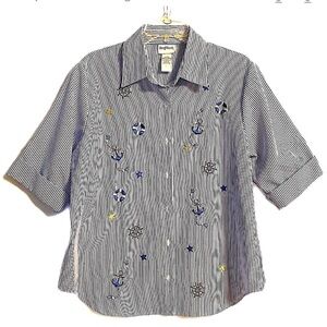 Retro Breezy Blouse Button 3/4 Sleeve Nautical Motif Beachy White Blue Stripe 2P